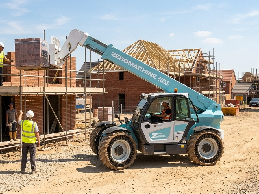 Concept 4:3 render of Zeromachine’s hydrogen fuel cell hybrid electric telehandler on a muddy British building site