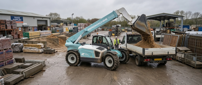 A light-blue Zeromachine telehandler tips a bucket of sand into the back of a flatbed truck in a builders’ merchant yard, with stacked pallets of materials and a covered storage area in the background on an overcast day.
