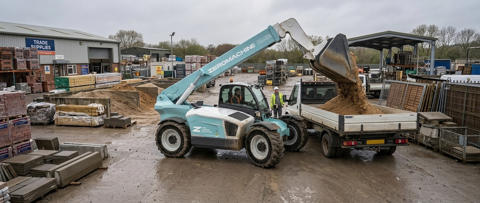 A light-blue Zeromachine telehandler tips a bucket of sand into the back of a flatbed truck in a builders’ merchant yard, with stacked pallets of materials and a covered storage area in the background on an overcast day.